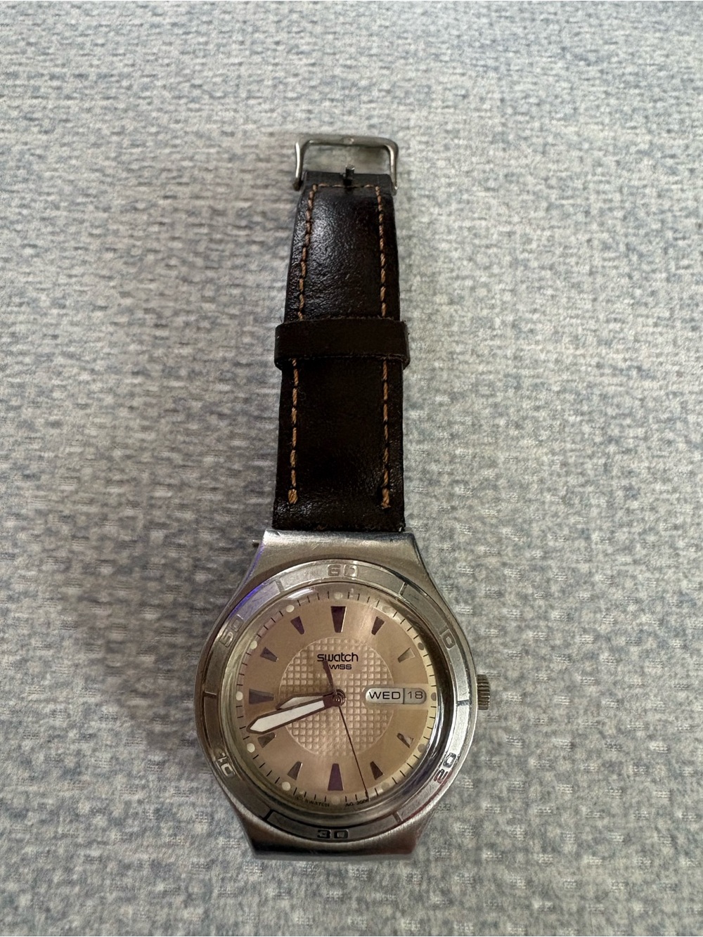 Swatch Silver Dial Watch with Dark Brown Leather Strap